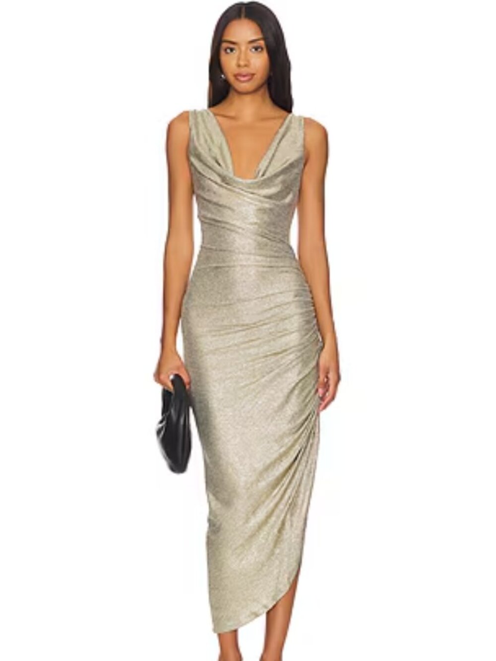 Significant Other “Jemima” Cowl Neck Metallic Ruched Midi Dress with Side Slit